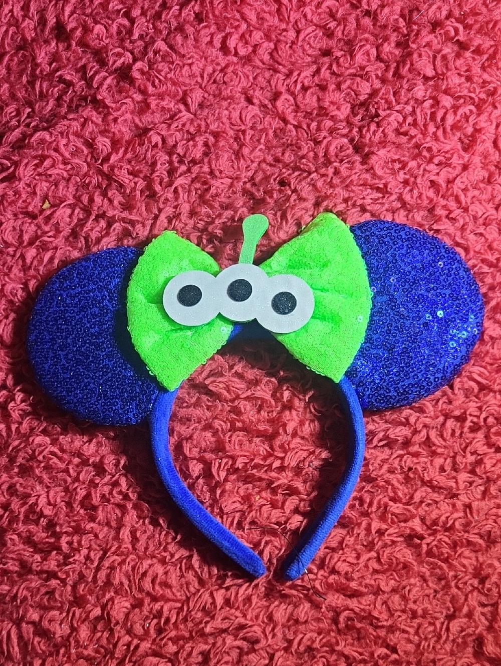 Disney Blue Sequin Mouse Ears with Neon Green Alien Bow